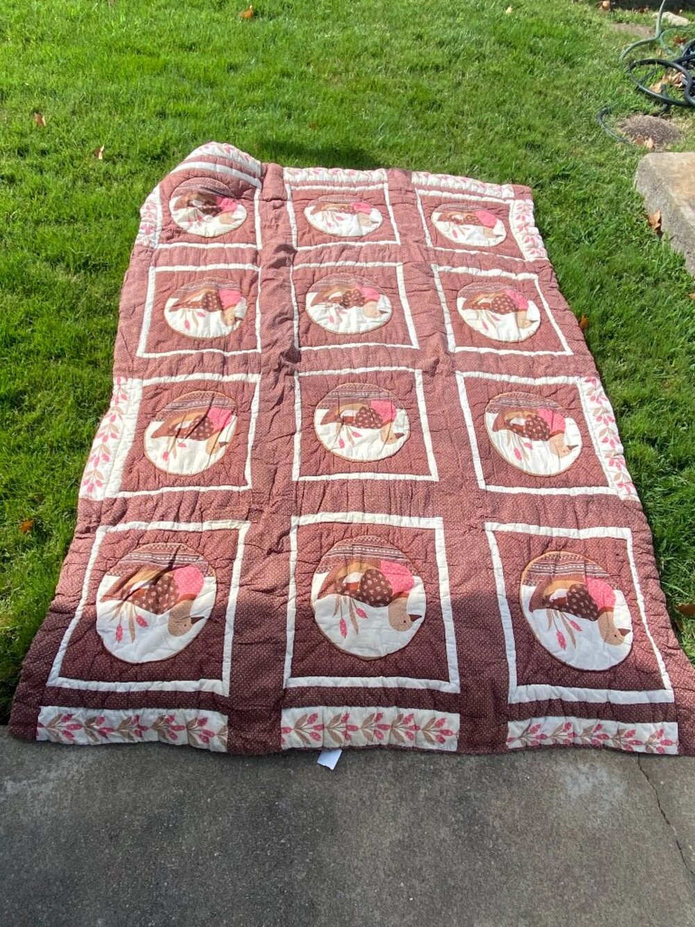 Vintage Ducks Mallard Brown Patchwork Quilt Blanket Comforter Cottage Country
